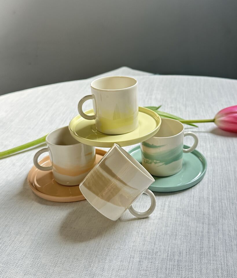 Set 8 -  2'li Etna Türk Kahvesi Fincan Seti mocha & sarı