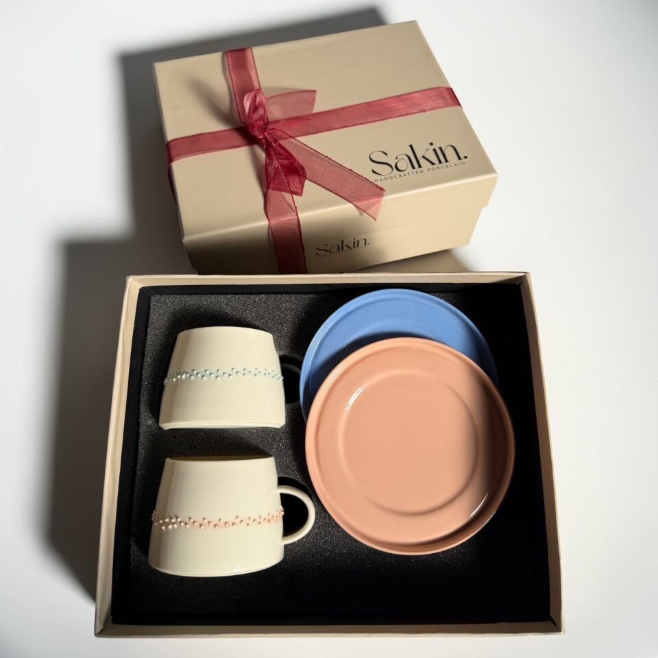 Set 5 -  Glamor Polka 2li Fincan Seti grotto mavi-pembe