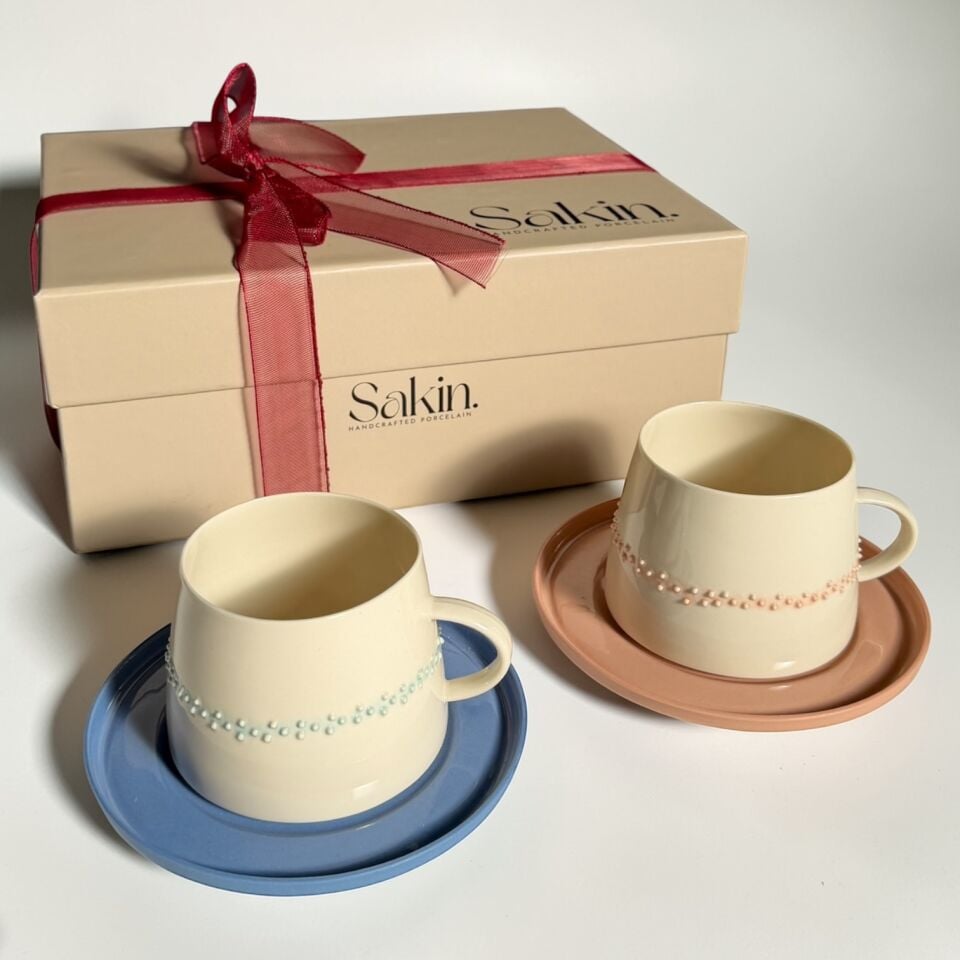 Set 5 -  Glamor Polka 2li Fincan Seti grotto mavi-pembe