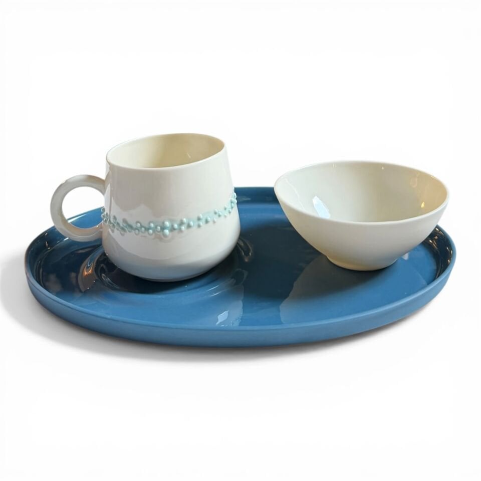Belle Polka Türk Kahvesi Fincan Seti (renkli tabak) ege mavi